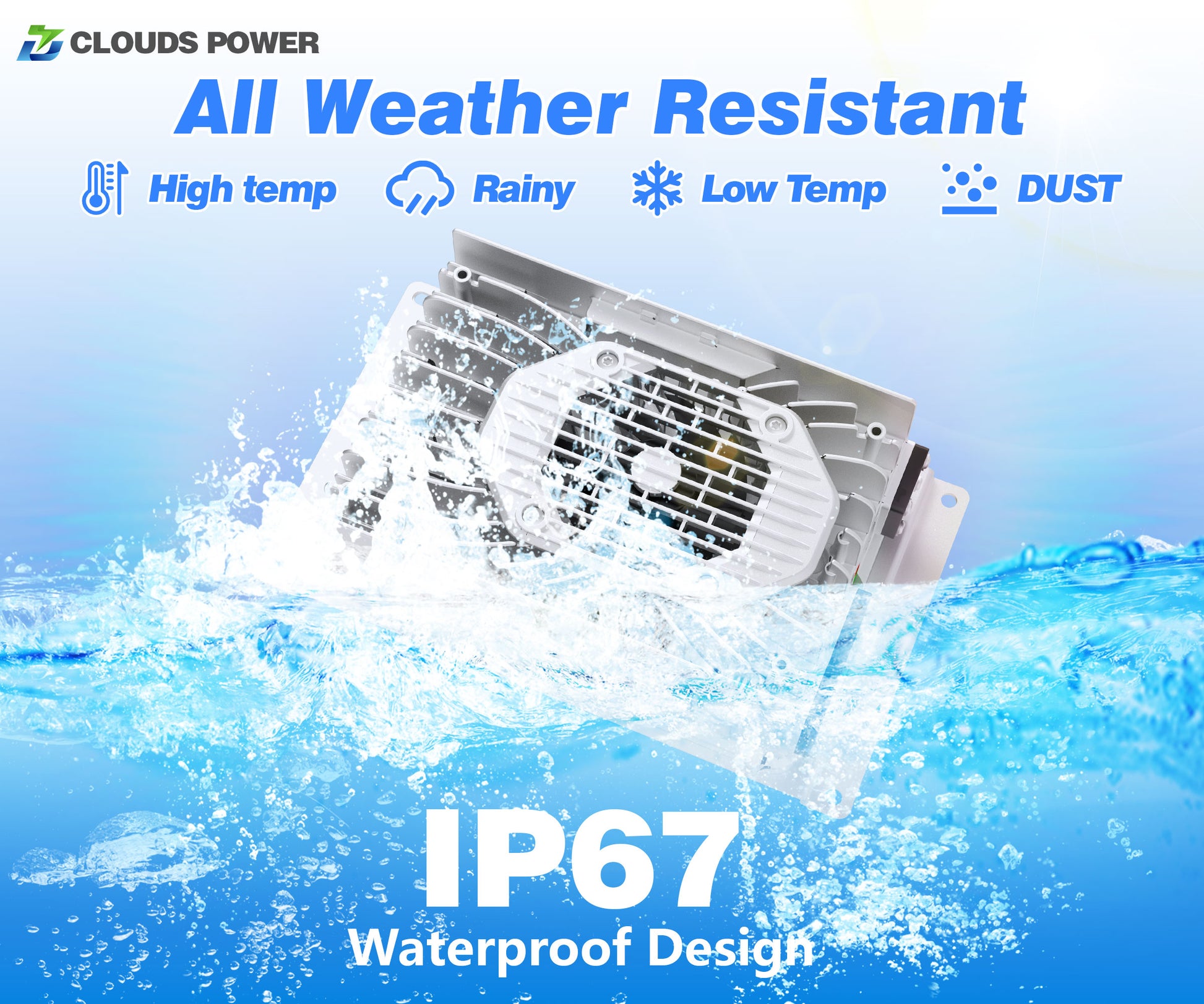 48v 25a lithium golf cart battery charger with waterproof design features, labeled 'All Weather Resistant' and 'IP67 Waterproof Design', on a blue background.