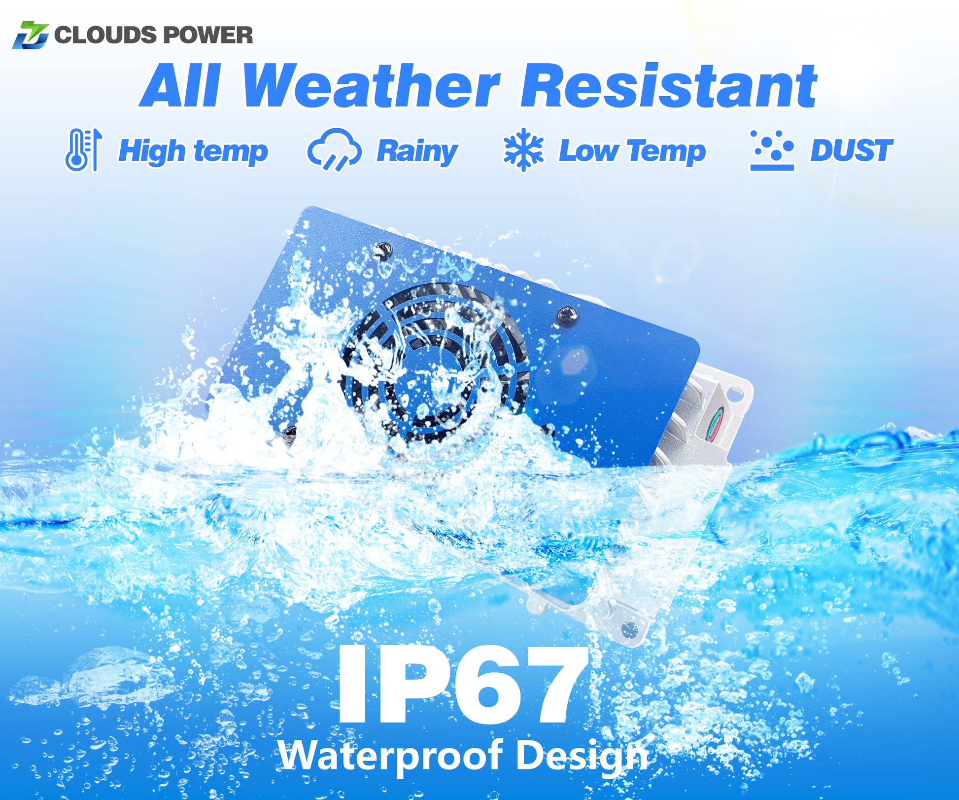 lithium battery cahrger with 'All Weather Resistant' features and 'IP67 Waterproof Design' on a blue background.