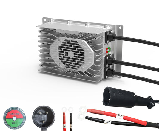 clouds power 48v 25a lithium golf cart battery charger with connectors on a white background