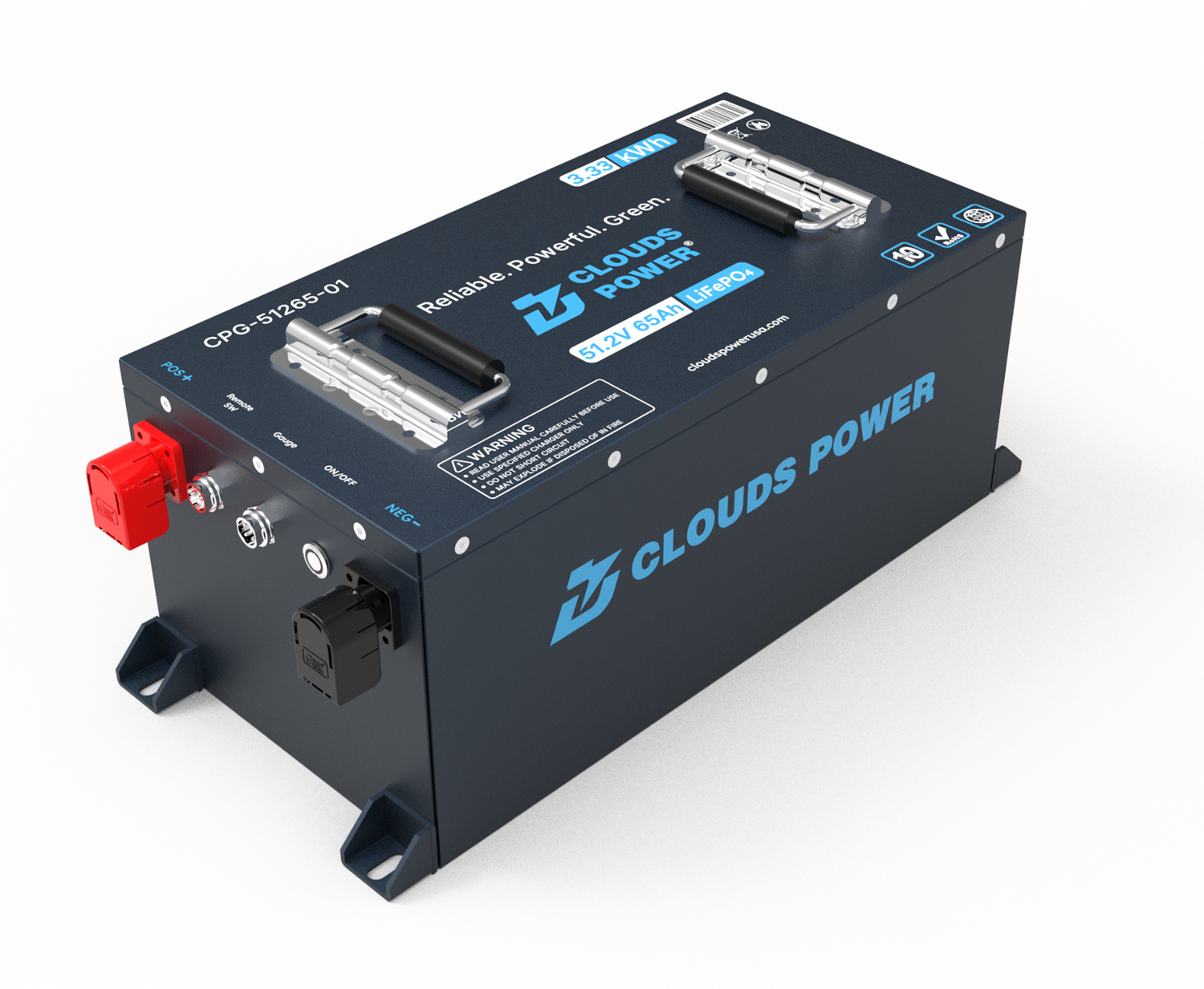 Clouds Power 48v lithium golf cart battery on a white background