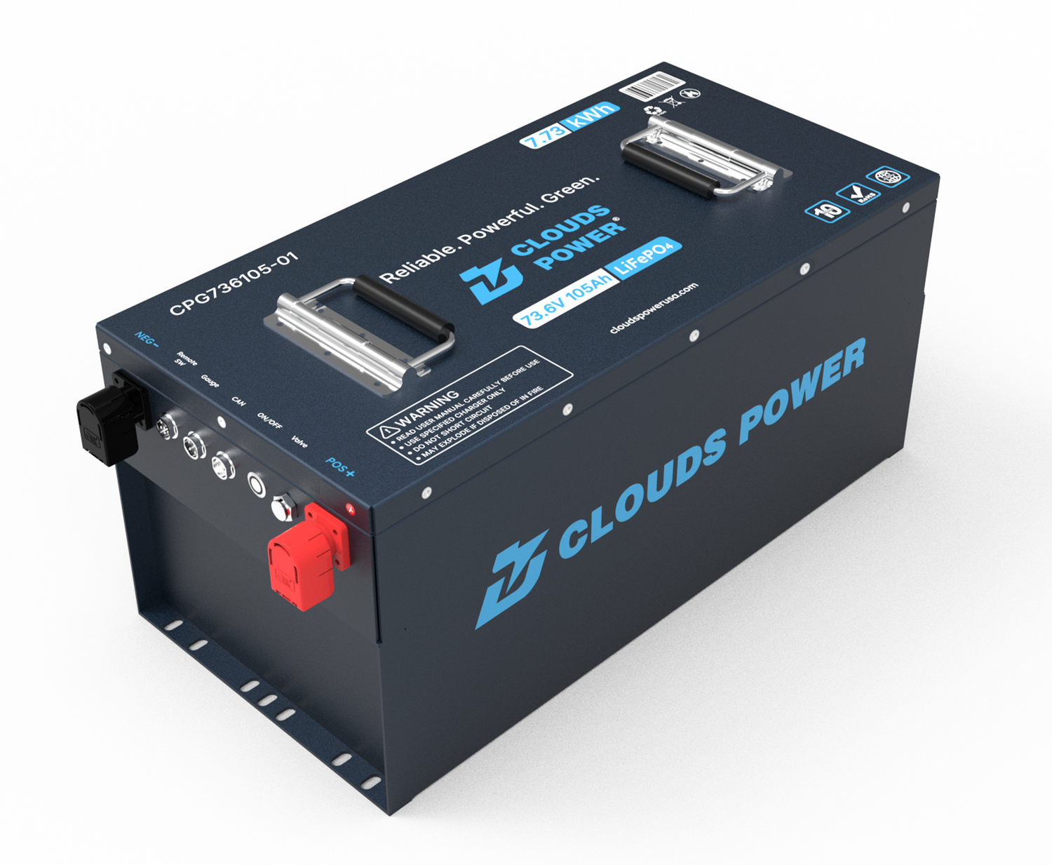 Clouds Power 72v lithium golf cart battery on a white background