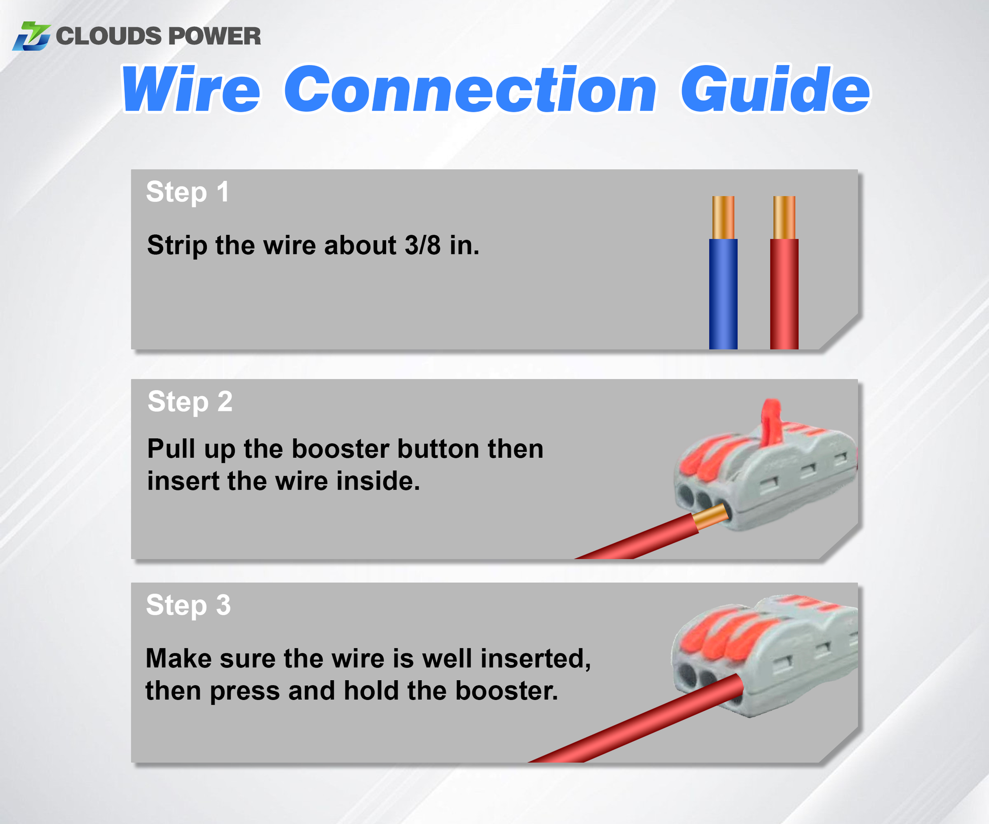 clouds power 25a 300w voltage reducer converter wire connection guide with steps and illustrations on a gray background
