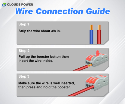 clouds power 25a 300w voltage reducer converter wire connection guide with steps and illustrations on a gray background