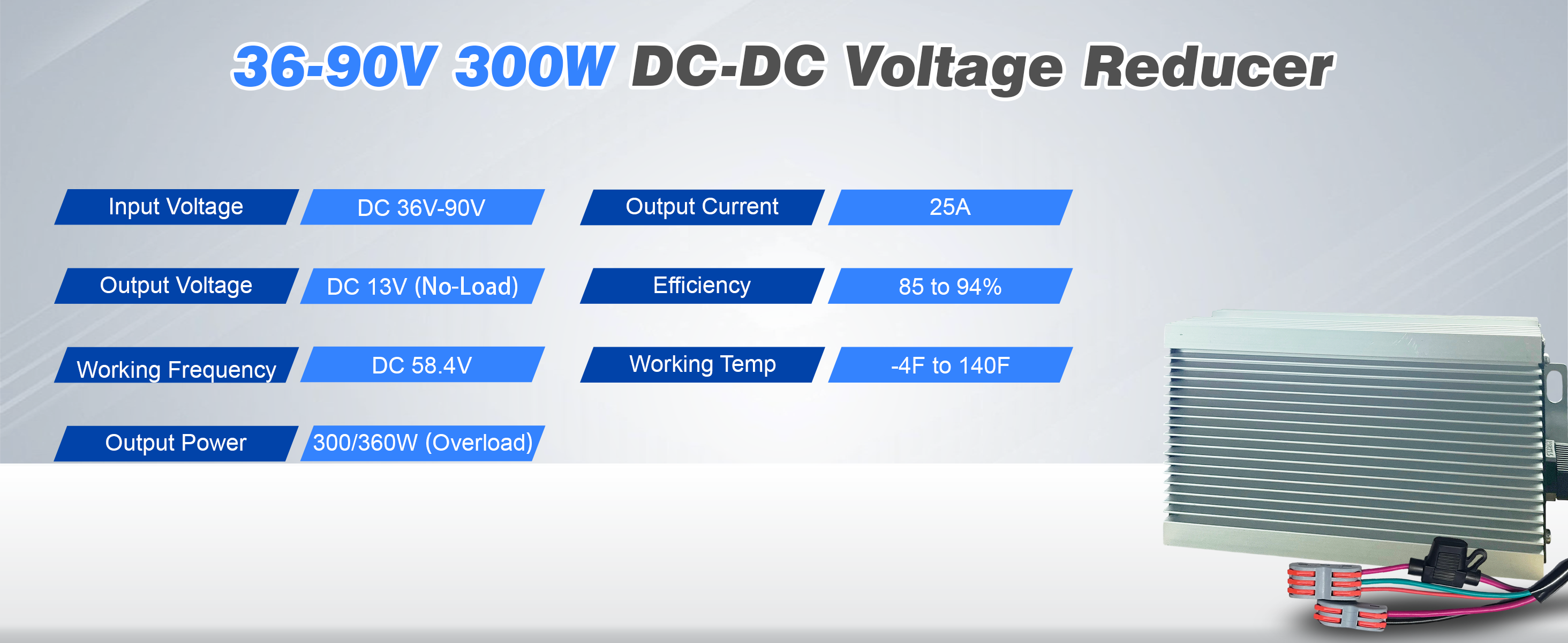 300w DC-DC voltage reducer with specifications on a white background
