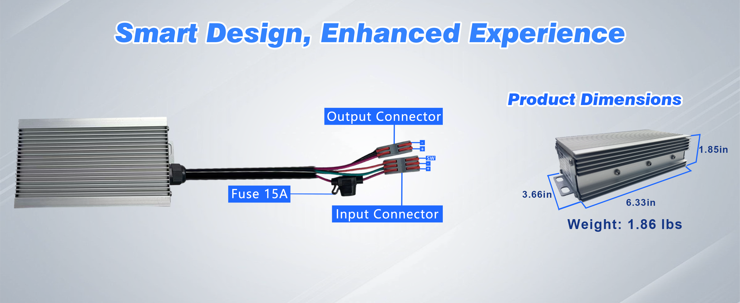 Technical diagram of clouds power 25a 300w voltage reducer converter with labeled parts and dimensions on a white background.