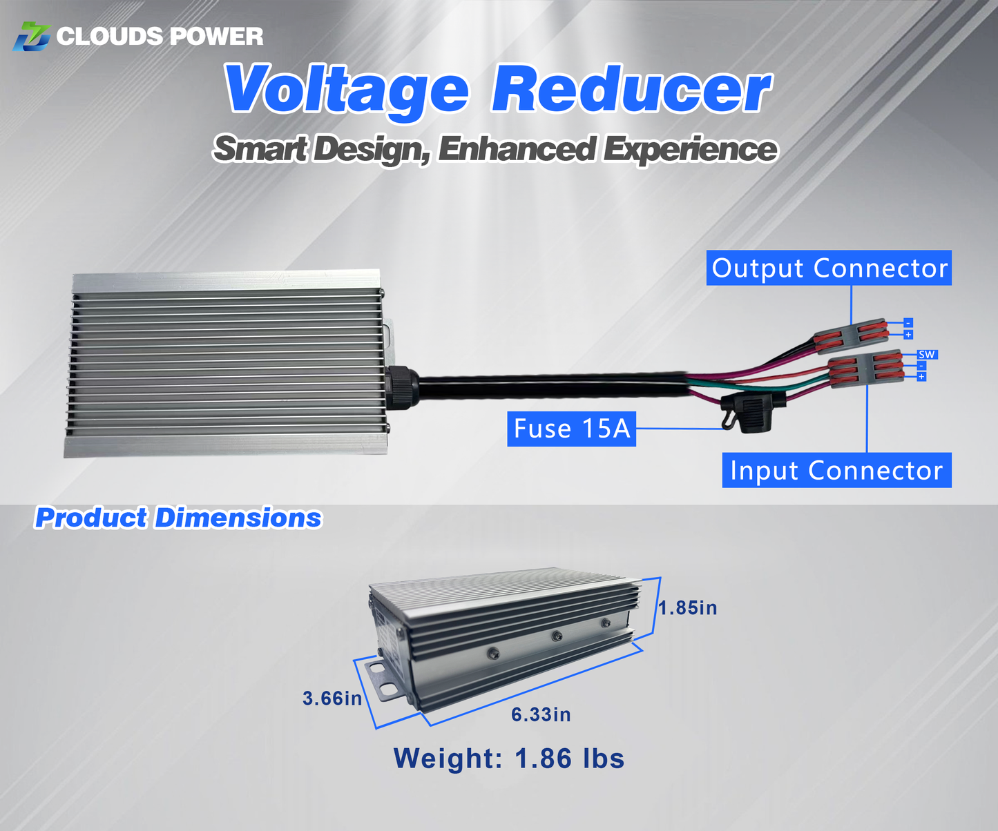 300w dc-dc Voltage reducer with labeled parts and specifications on a gray background
