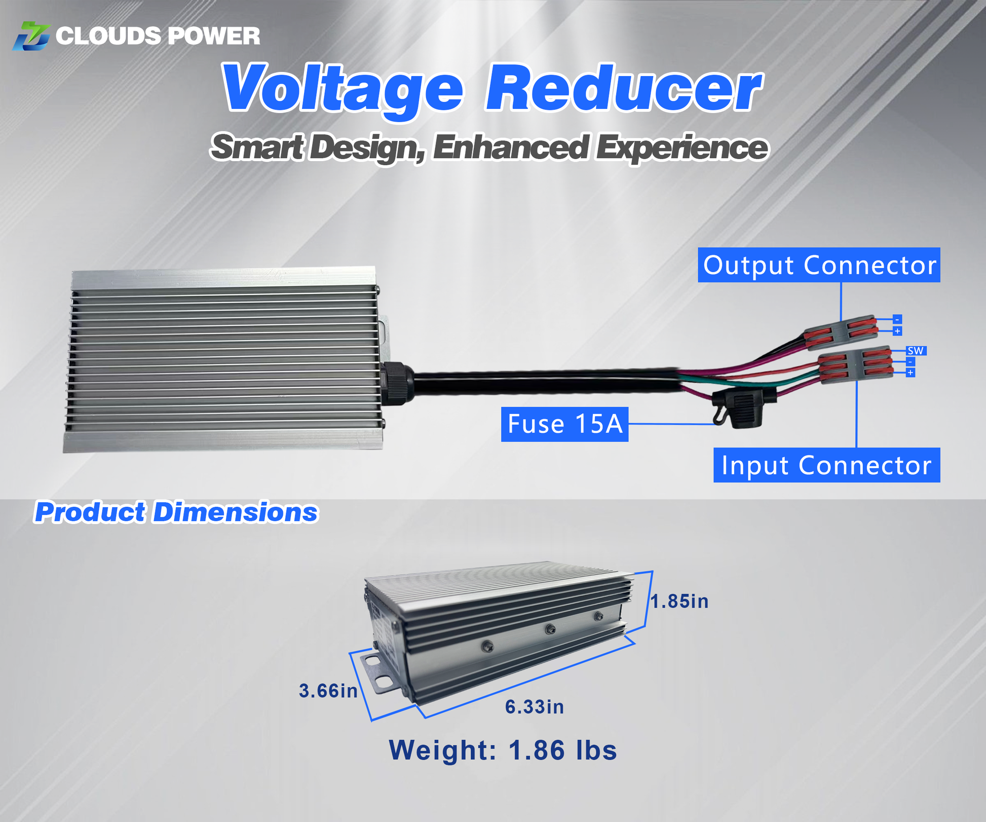 300w dc-dc Voltage reducer with labeled parts and specifications on a gray background