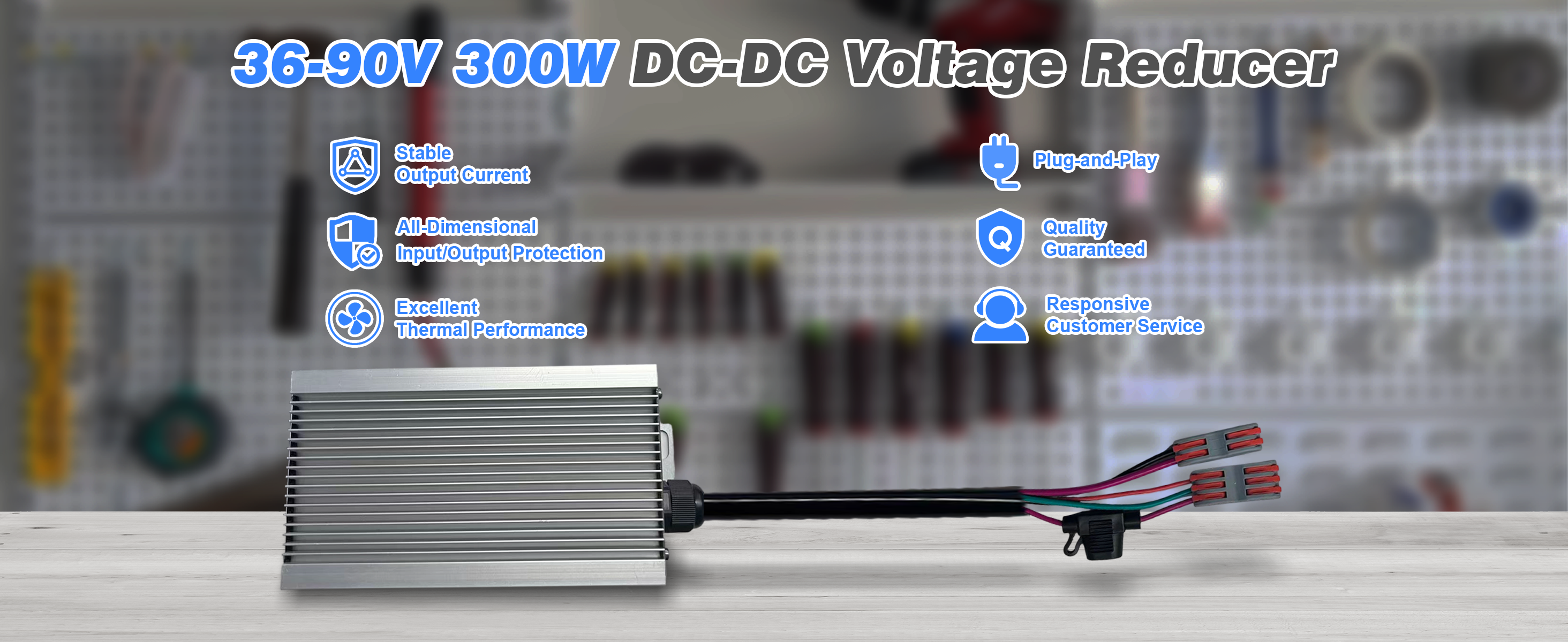 300w DC-DC voltage reducer with specifications on a blurred technical background