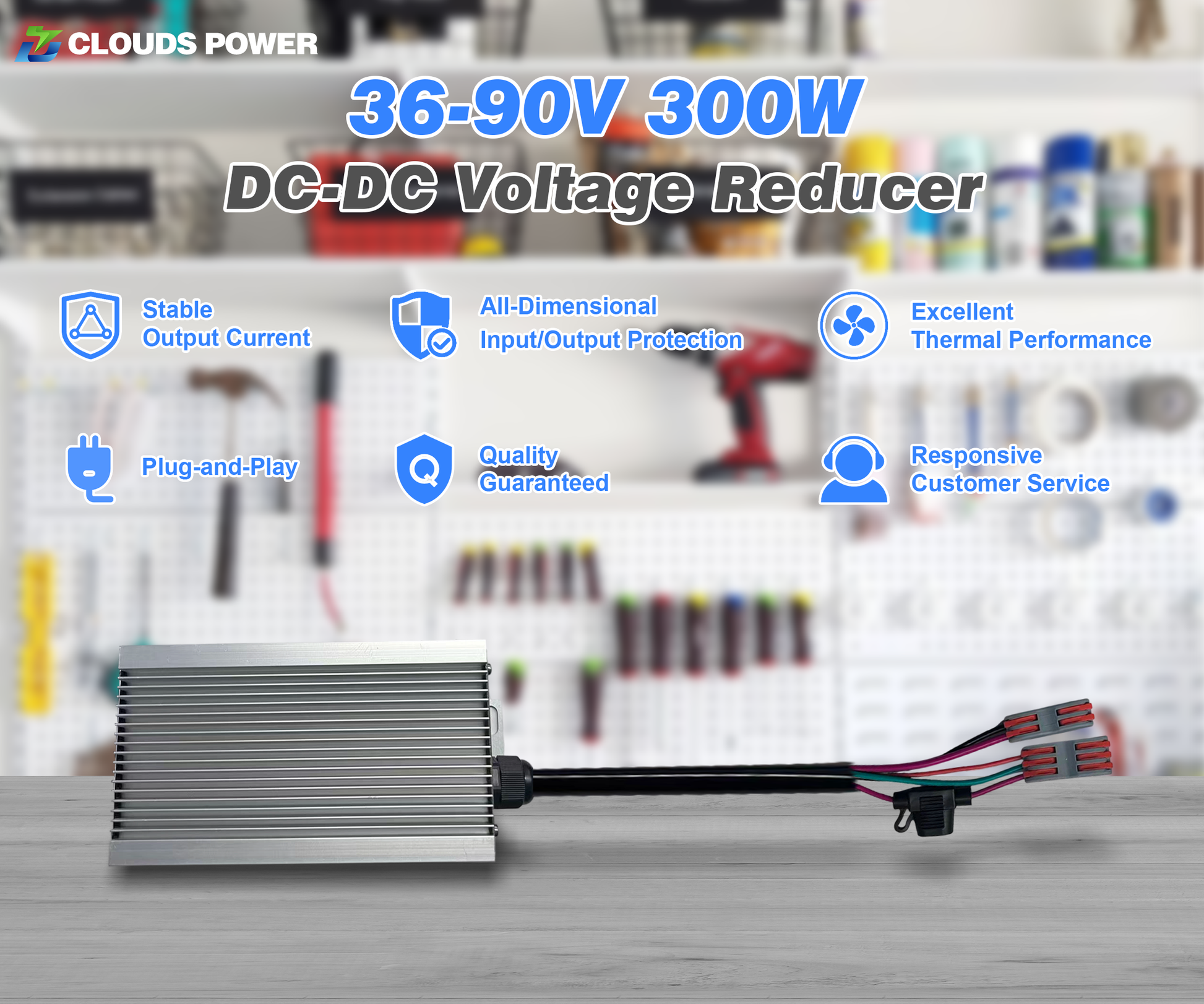 300w DC-DC voltage reducer with features listed on a blurred workshop background