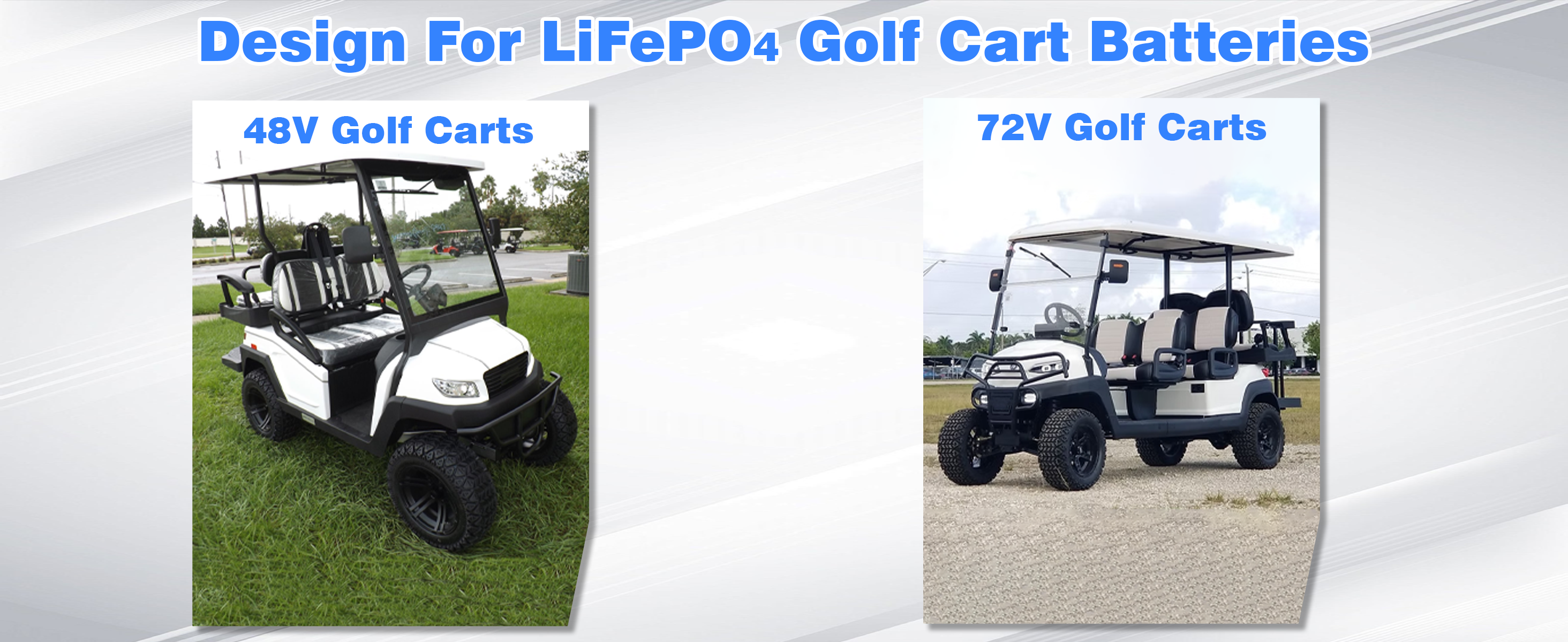 Two images of golf carts with text indicating LiFePO4 battery options for 48V and 72V systems.