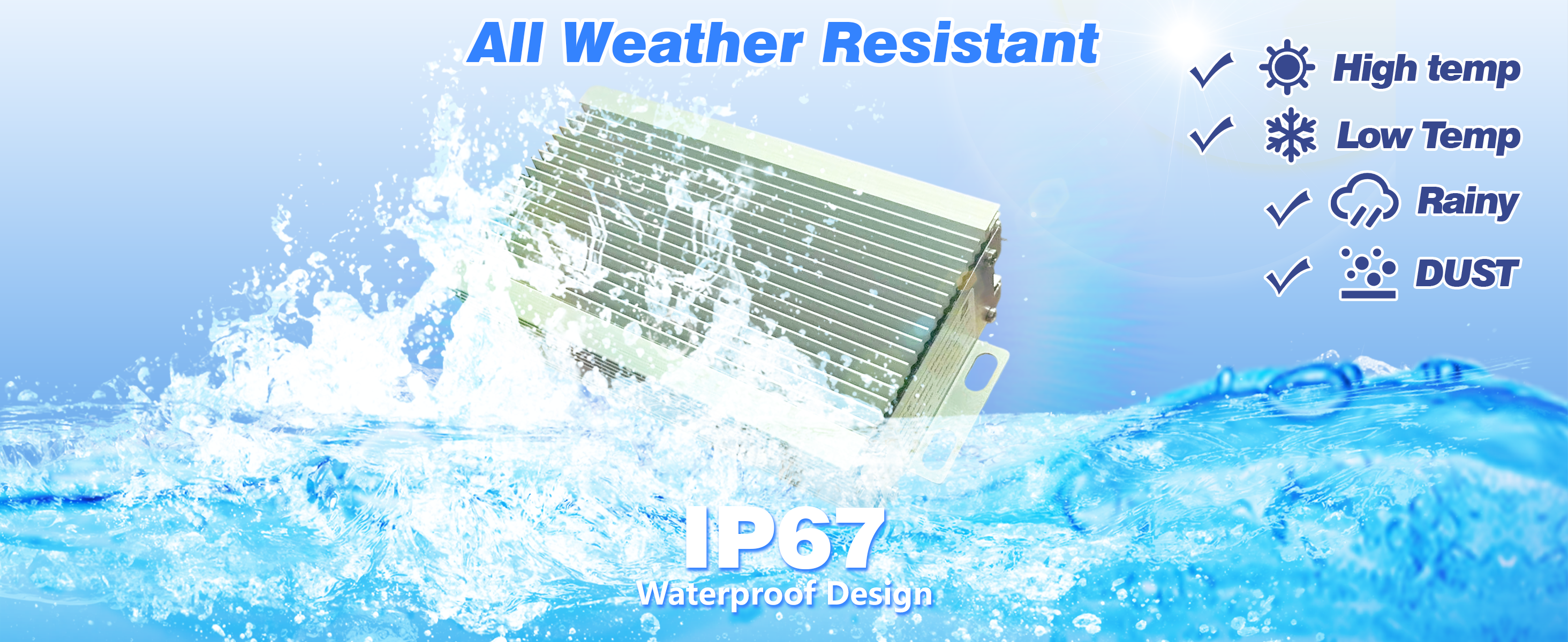 clouds power 25a 300w voltage reducer converter with water splashes and text indicating all-weather resistance and waterproof design.
