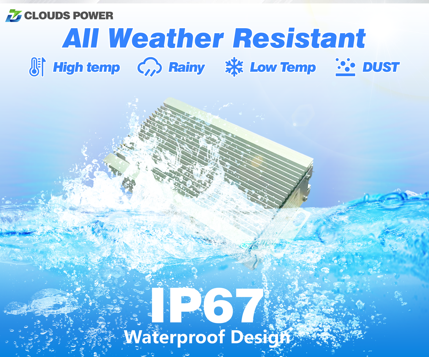 clouds power 25a 300w voltage reducer converter with 'All Weather Resistant' features and 'IP67 Waterproof Design' on a blue background.