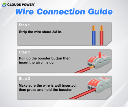 Wire connection guide for clouds power dc-dc voltage reducer with steps and illustrations on a gray background