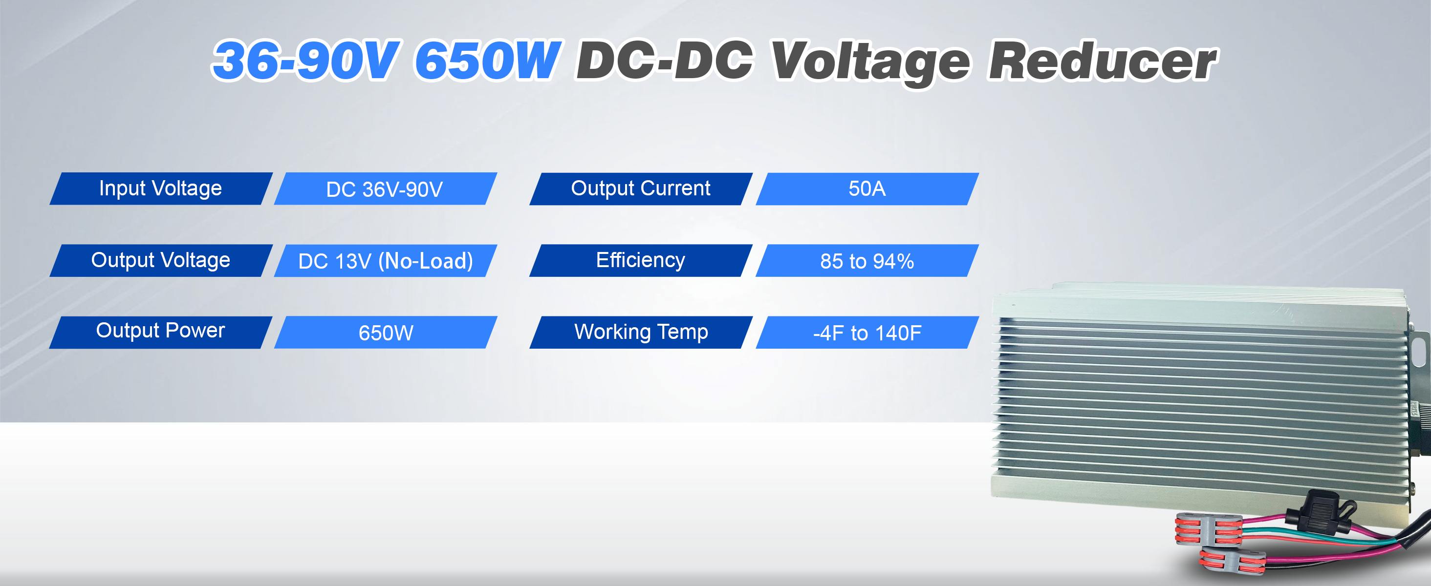 12V 50A 650W DC-DC voltage reducer with specifications on a white background