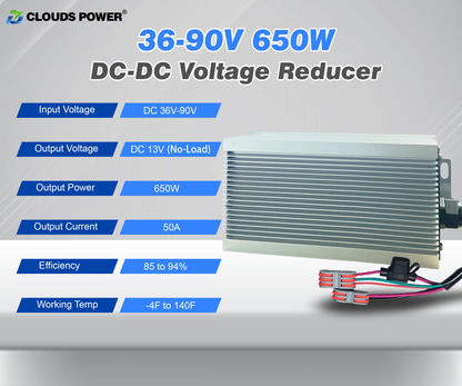 650W 50A DC-DC voltage reducer with specifications on a gray background