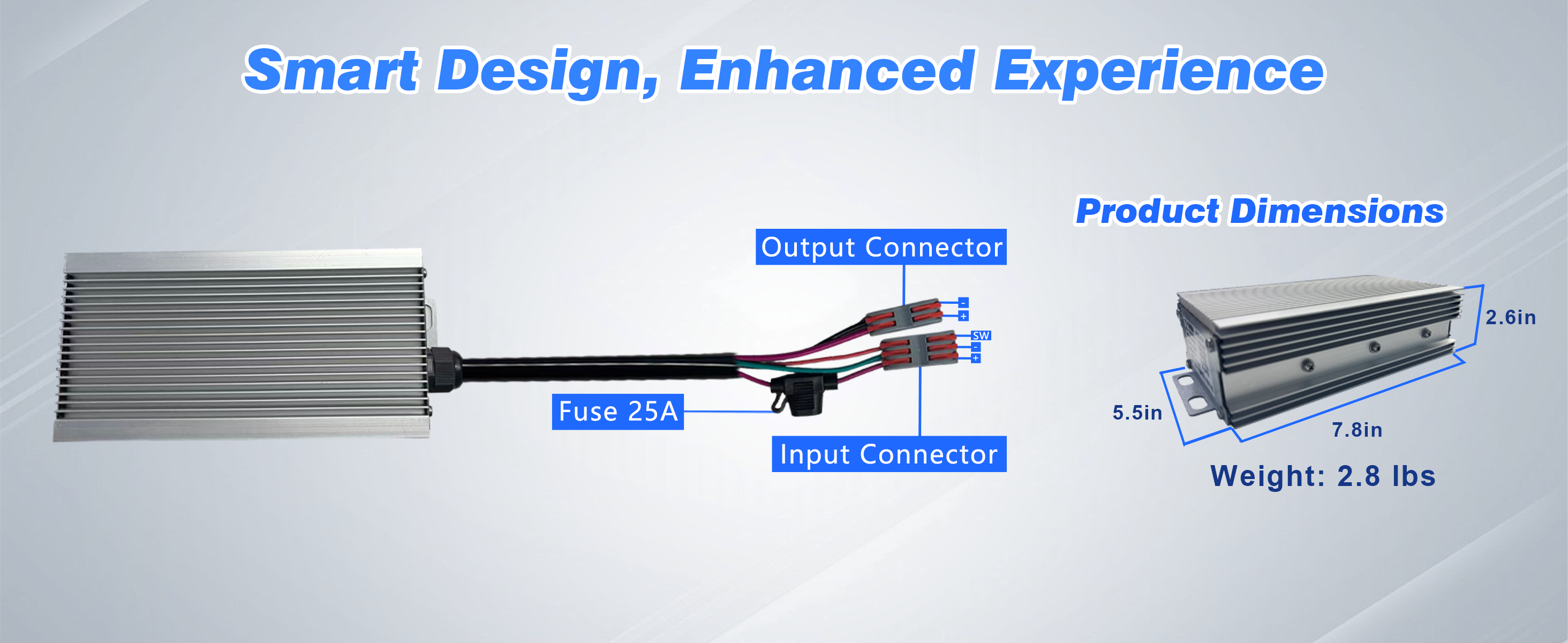 Technical diagram of a 50A DC to DC converter with labeled parts and specifications on a white background.