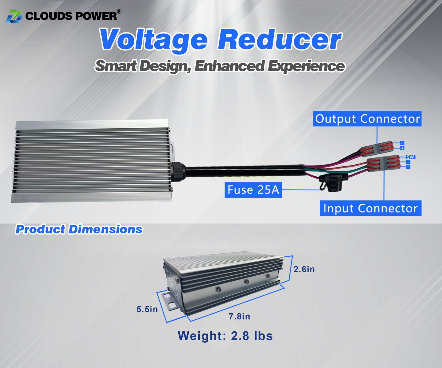 50A DC to DC Voltage reducer with labeled parts and specifications on a gray background