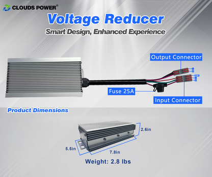 50A DC to DC Voltage reducer with labeled parts and specifications on a gray background