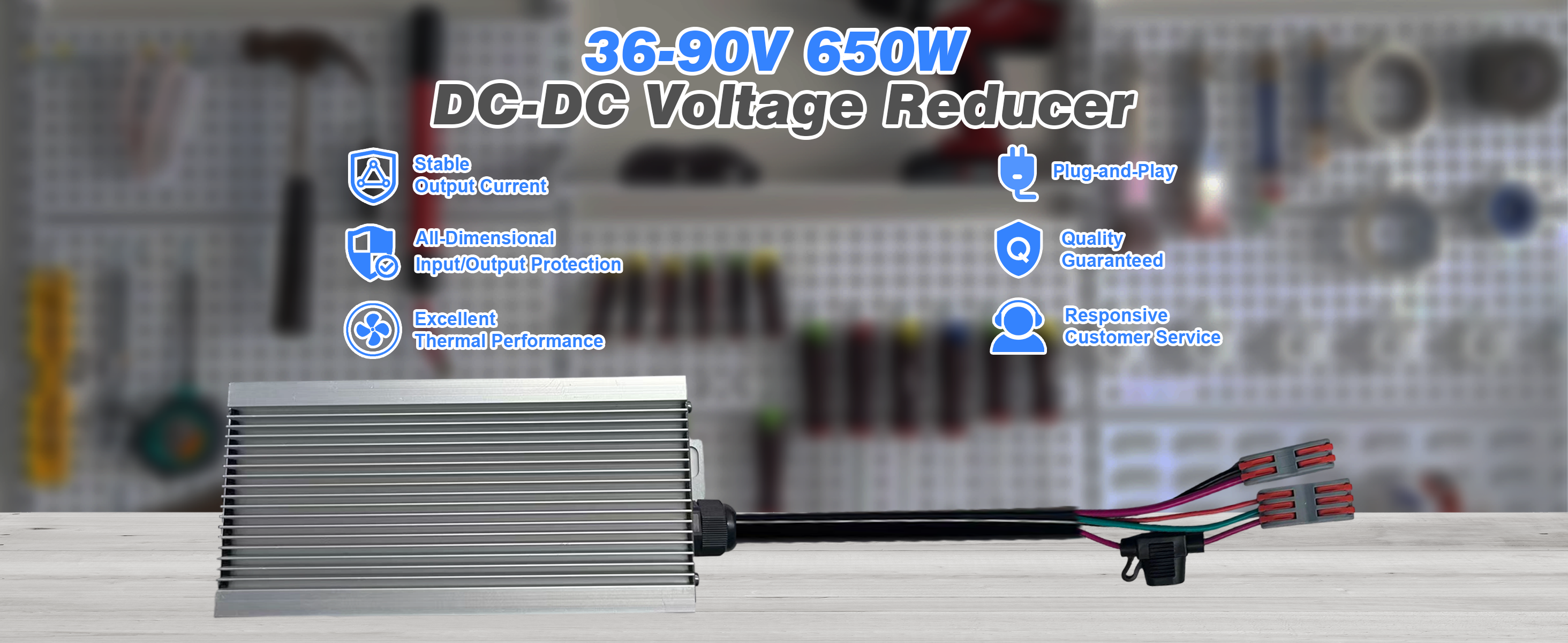 50A 650W DC-DC Voltage Reducer with specifications on a blurred background