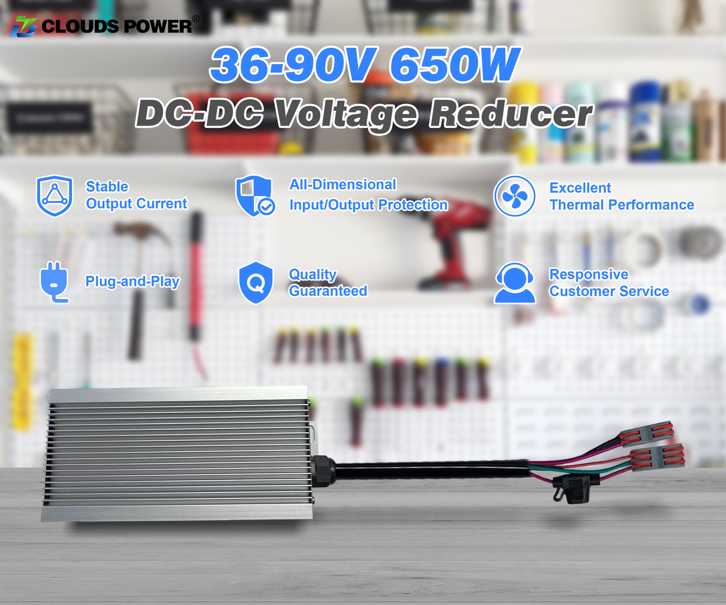 50A 12V 650W DC-DC Voltage Reducer with specifications and features on a blurred workshop background