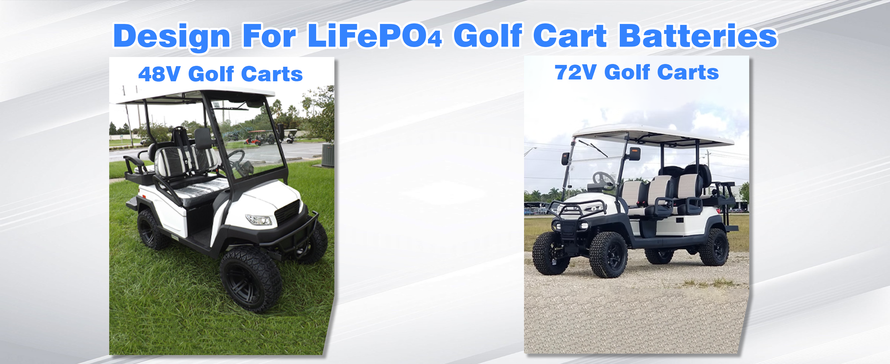 Two images of golf carts with text about 50A DC to DC voltage reducers and LiFePO4 batteries for 48V and 72V golf carts.