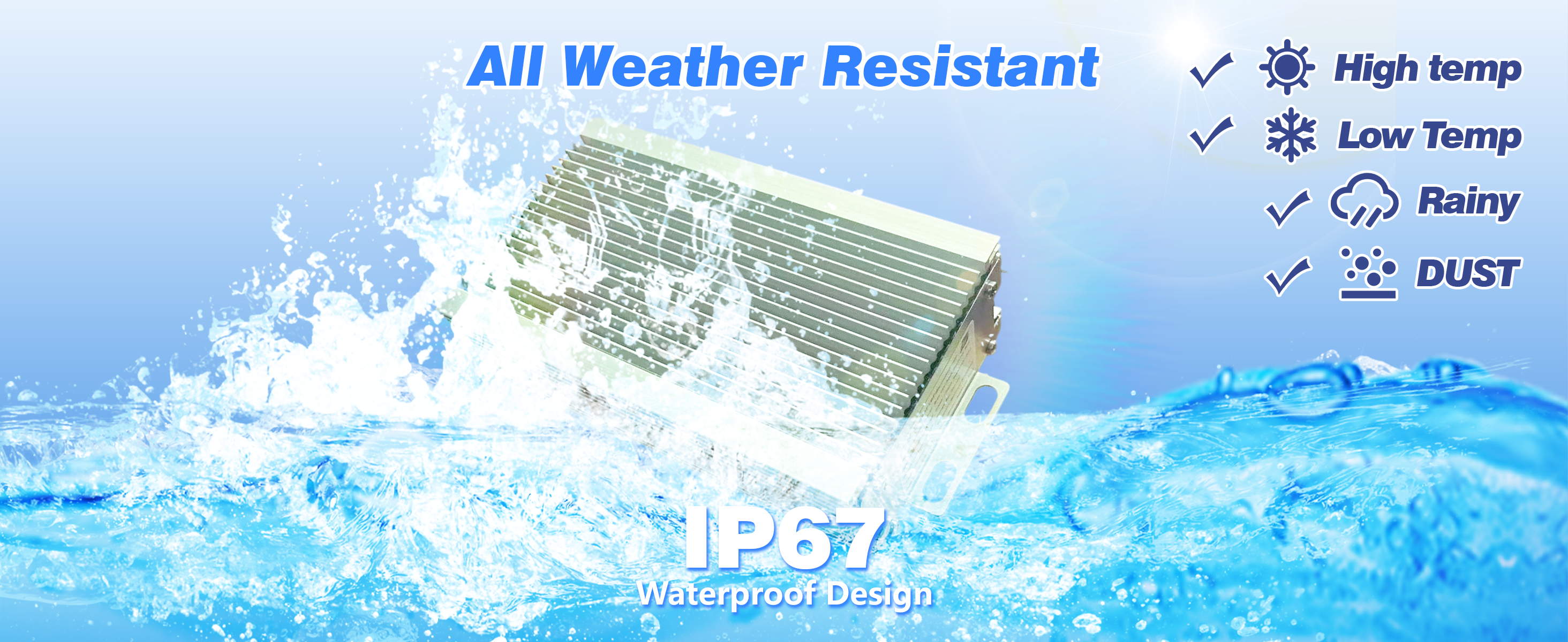 50A DC-DC voltage reducer with 'All Weather Resistant' features and IP67 rating on a blue water splash background.
