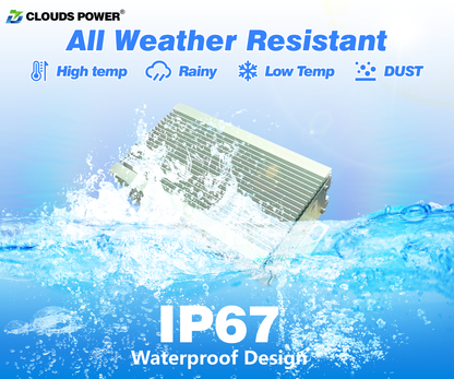 12V dc to dc converter with waterproof design features on a blue background, featuring the brand 'Clouds Power'.