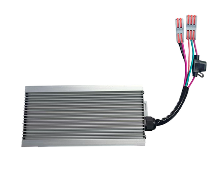 Rectangular 50A 650W dc to dc voltage reducer with cooling fins and wiring on a white background