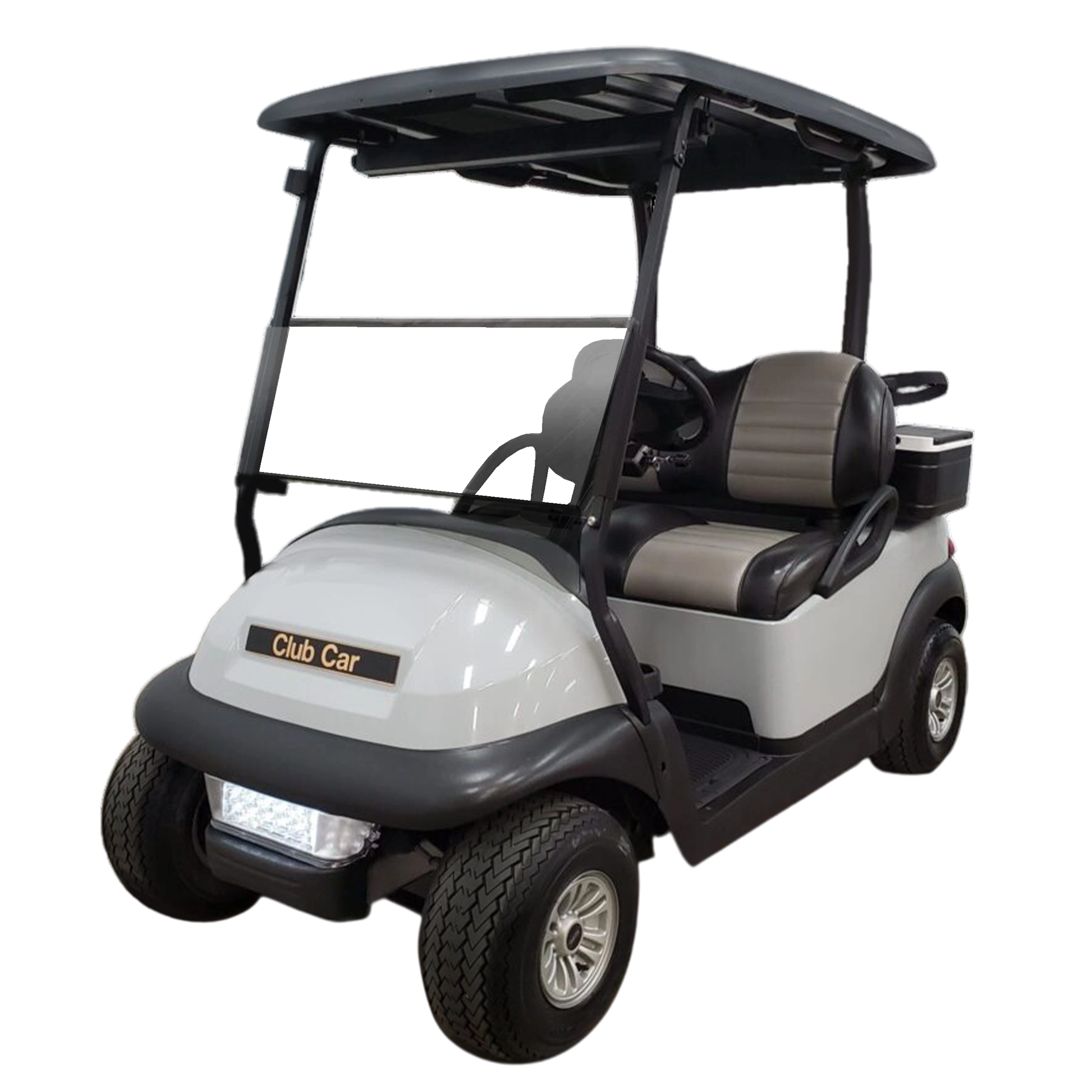 Gray and black golf cart with 'Club Car' branding on a white background with clouds power golf cart windshield