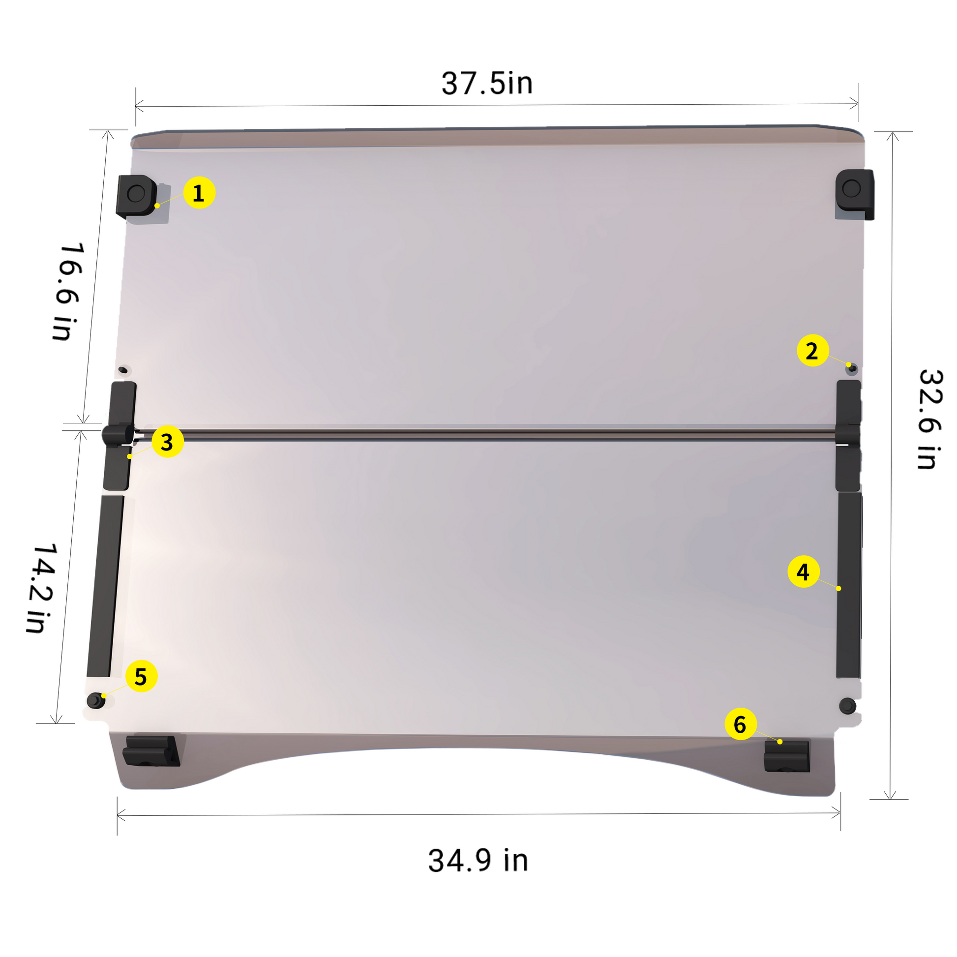 Measurement chart of golf cart windshield with dimensions labeled