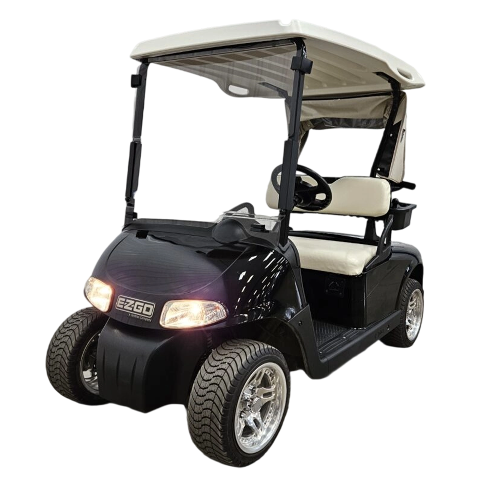 Black and beige golf cart with 'EZGO' branding on a white background with clouds power golf cart windshield
