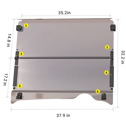 Measurement chart of golf cart windshield with dimensions labeled.