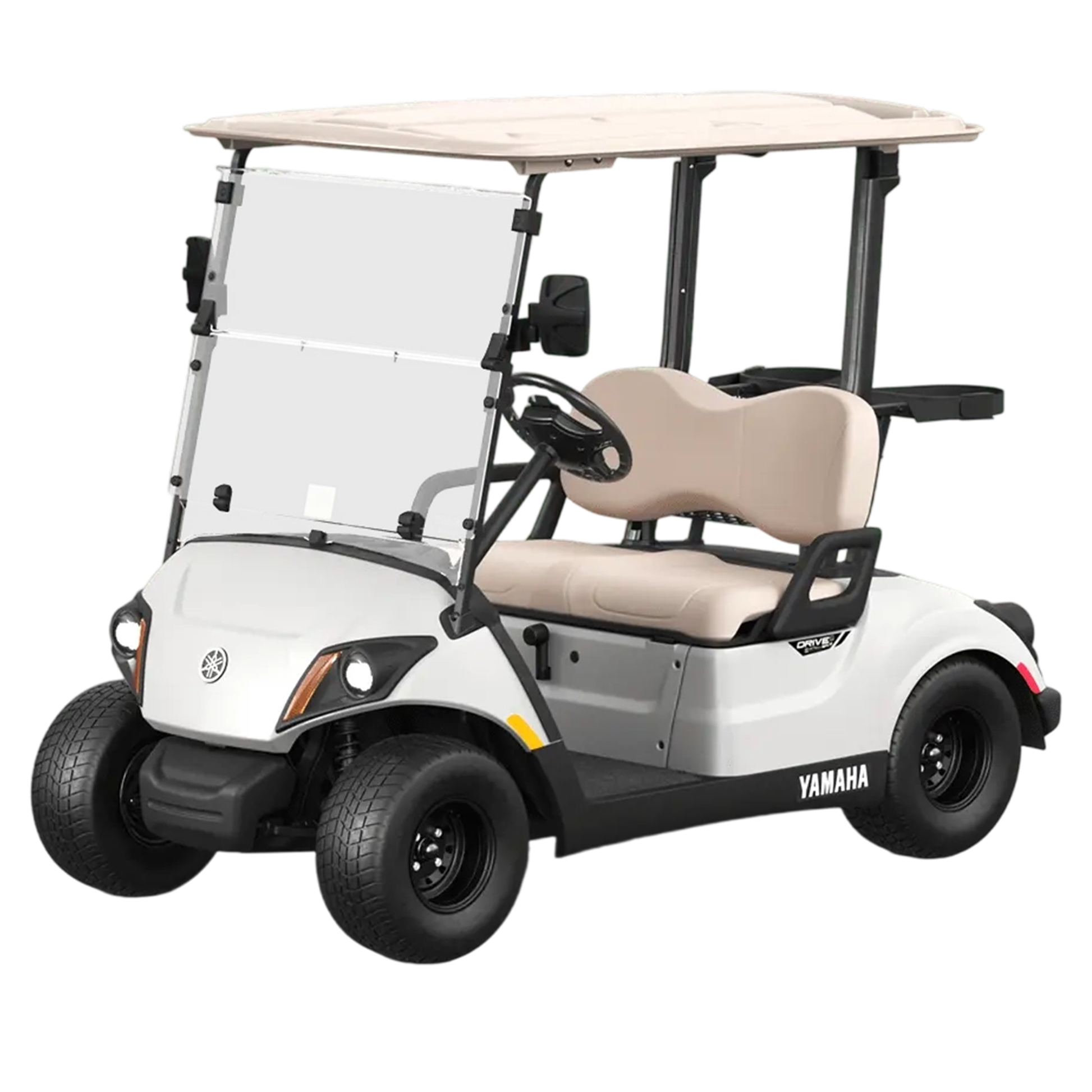 White Yamaha golf cart with beige seat on a white background with clouds power golf cart windshield