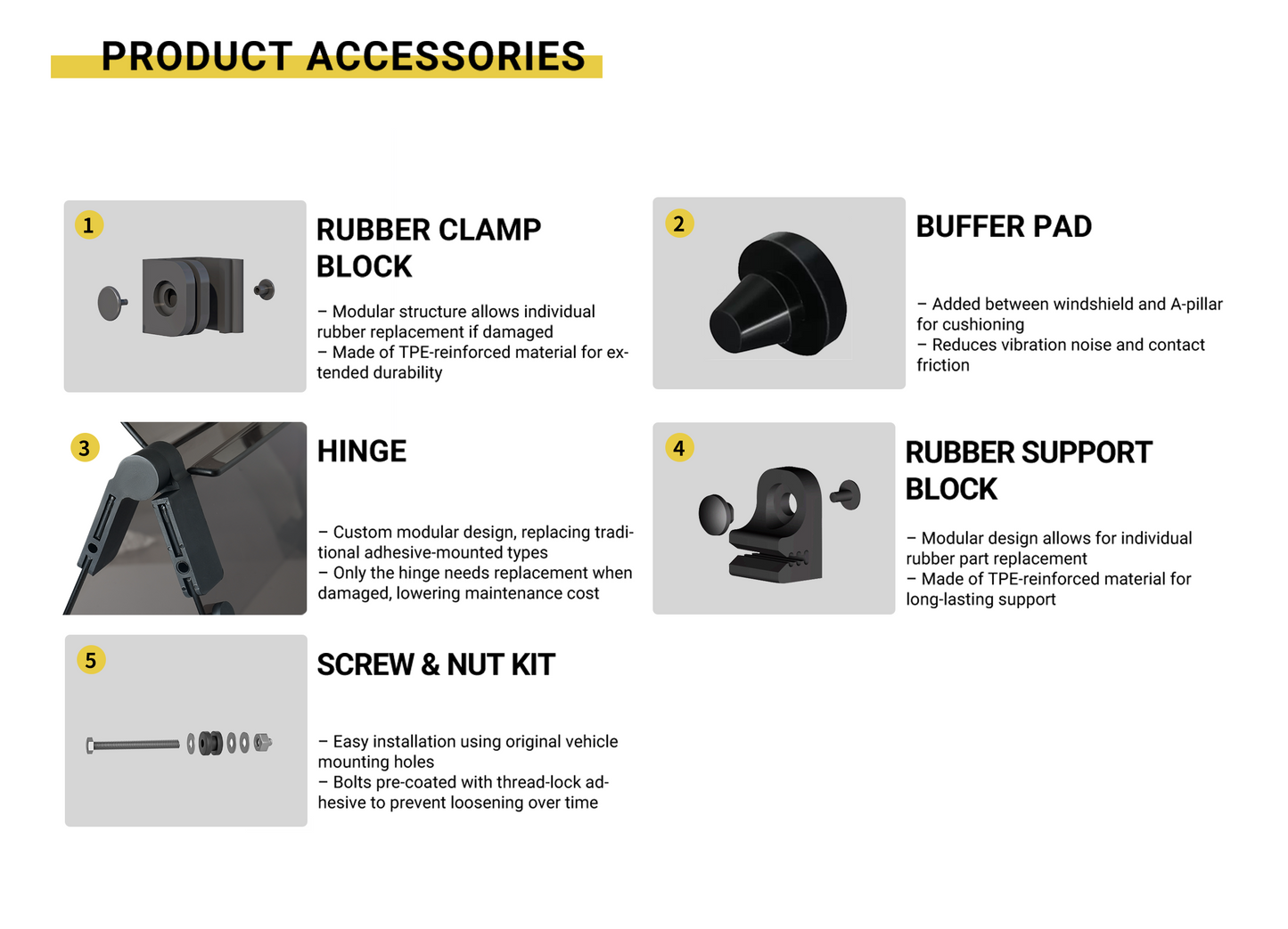 golf cart windshield accessories including rubber clamp block, buffer pad, hinge, rubber support block, and screw & nut kit on a white background.