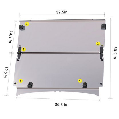 Measurement chart of golf cart windshield with dimensions labeled