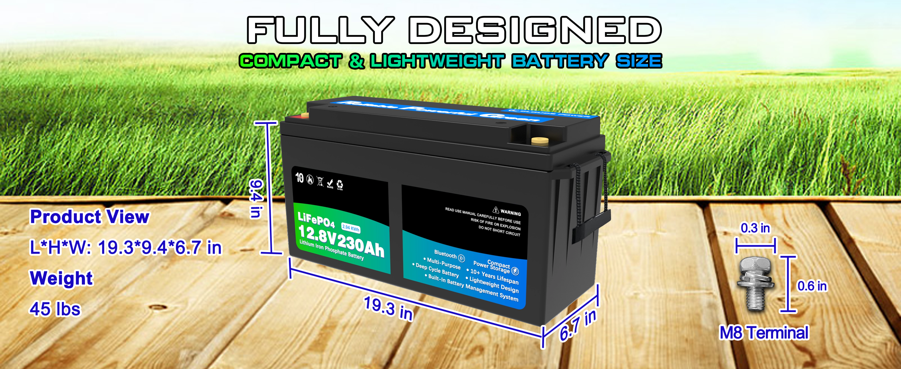 12v 230ah lithium battery with dimensions and specifications on a wooden surface with grass in the background