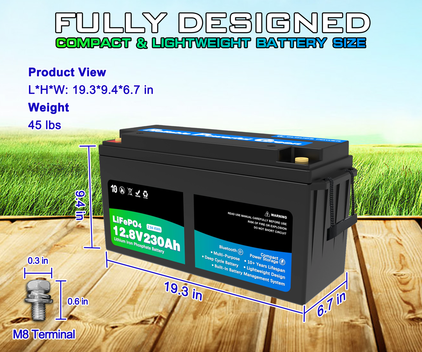 12v 230ah lithium Battery with dimensions and specifications on a wooden surface with grass background