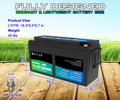 12v 230ah lithium Battery with dimensions and specifications on a wooden surface with grass background