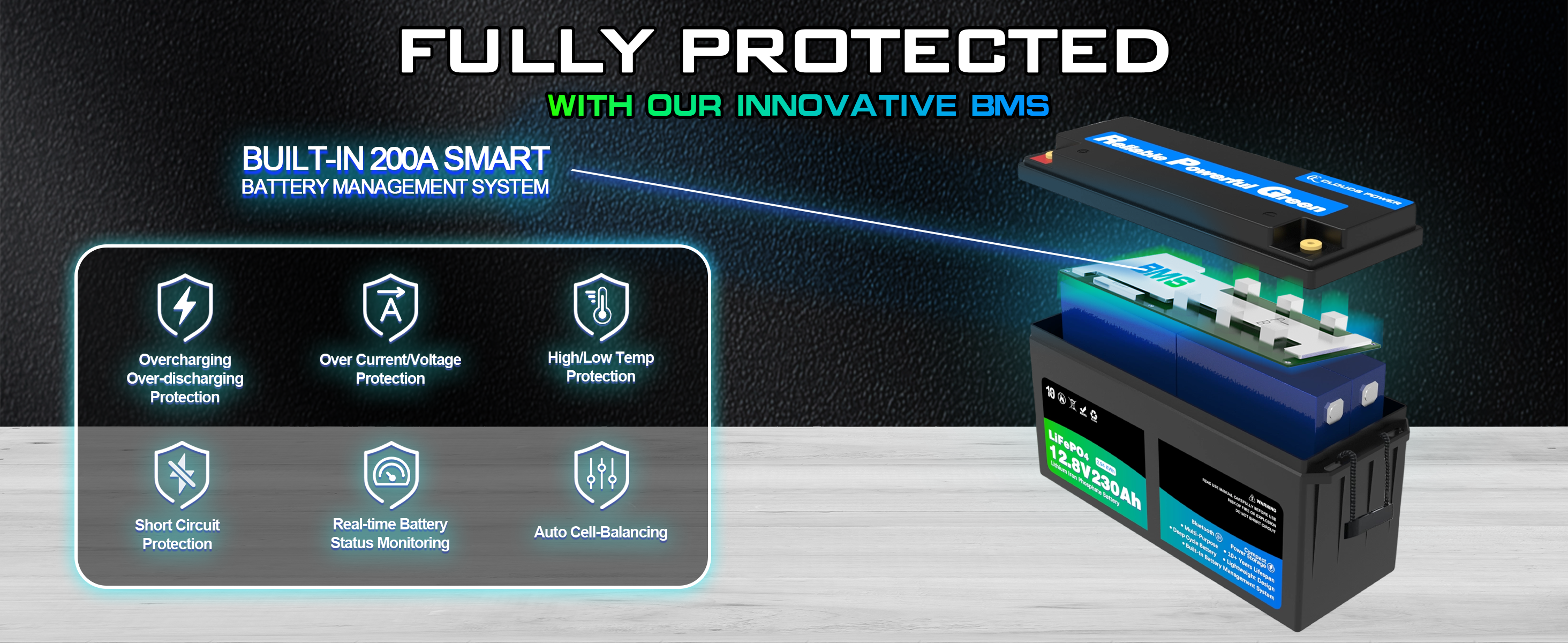 12v lifepo4 battery with BMS system on a dark background