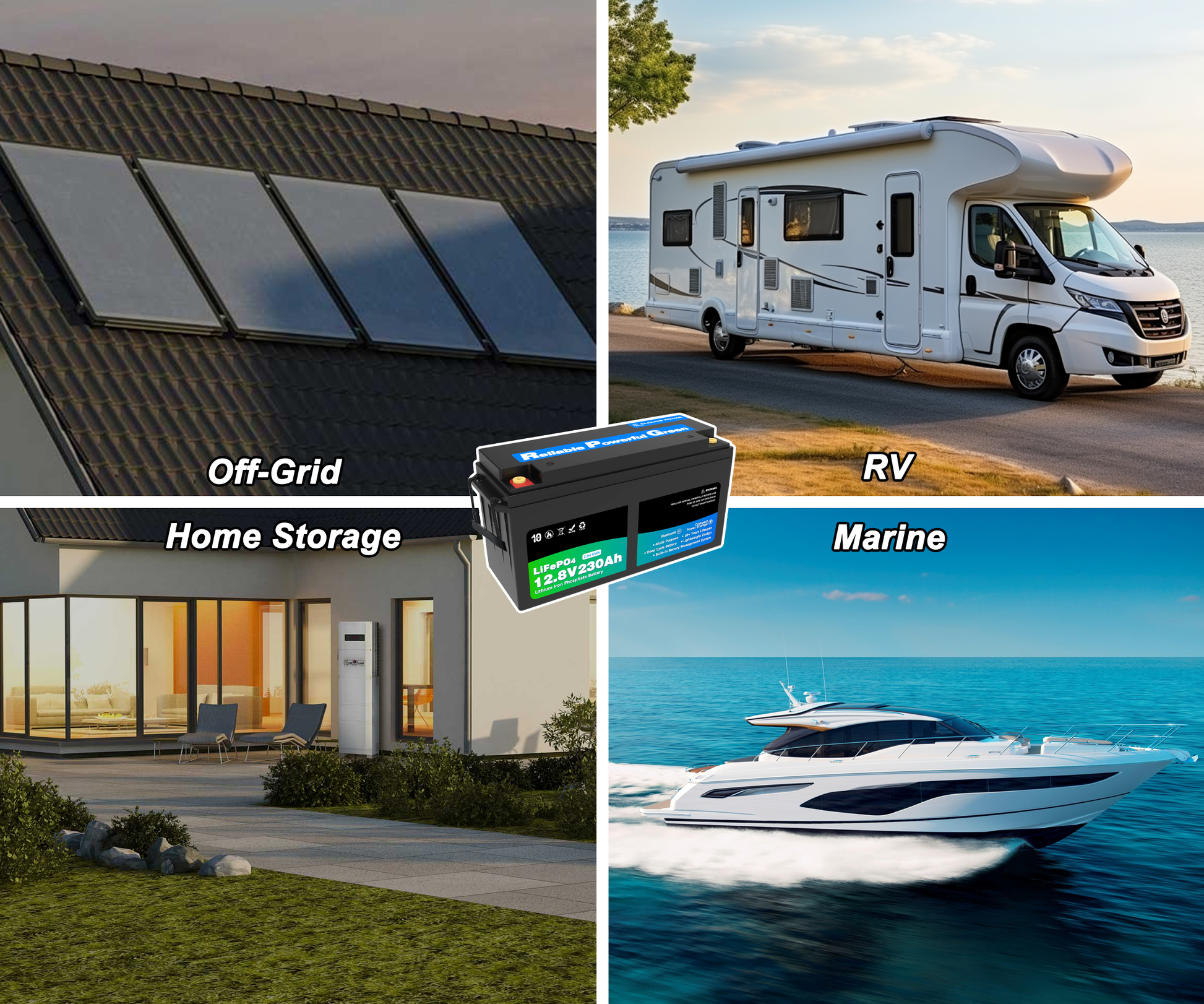 12v lithium battery with a collage of solar panels on a roof, RV, and yacht with text labels for off-grid home storage, RV, and marine use.