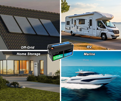 12v lithium battery with a collage of solar panels on a roof, RV, and yacht with text labels for off-grid home storage, RV, and marine use.