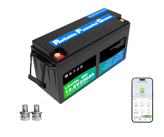 clouds power 12v lithium Battery for multi purposes with 'Reliable Powerful Green' branding and a smartphone app icon on a white background