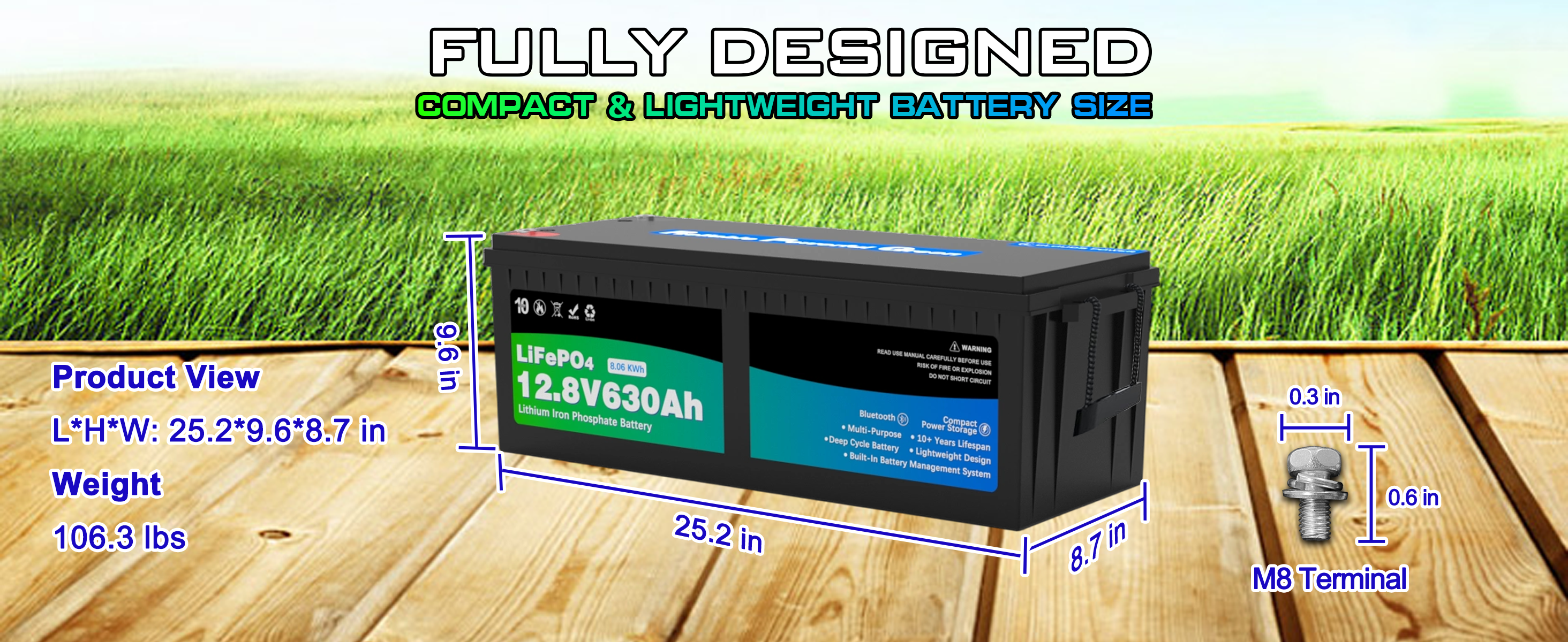 12v lithium battery pack on a wooden surface with grass in the background