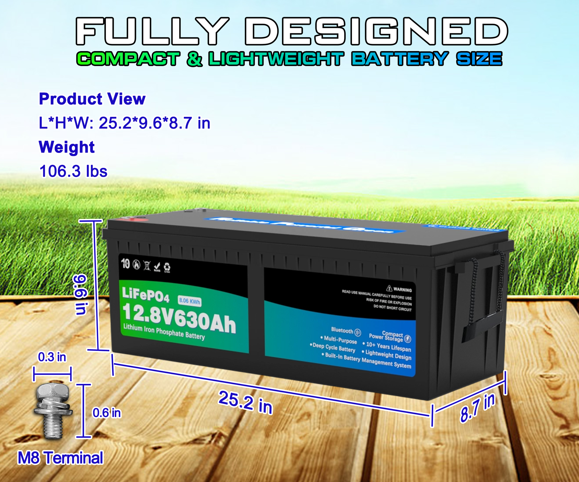 12v lithium battery pack with specifications on a wooden surface and grass background
