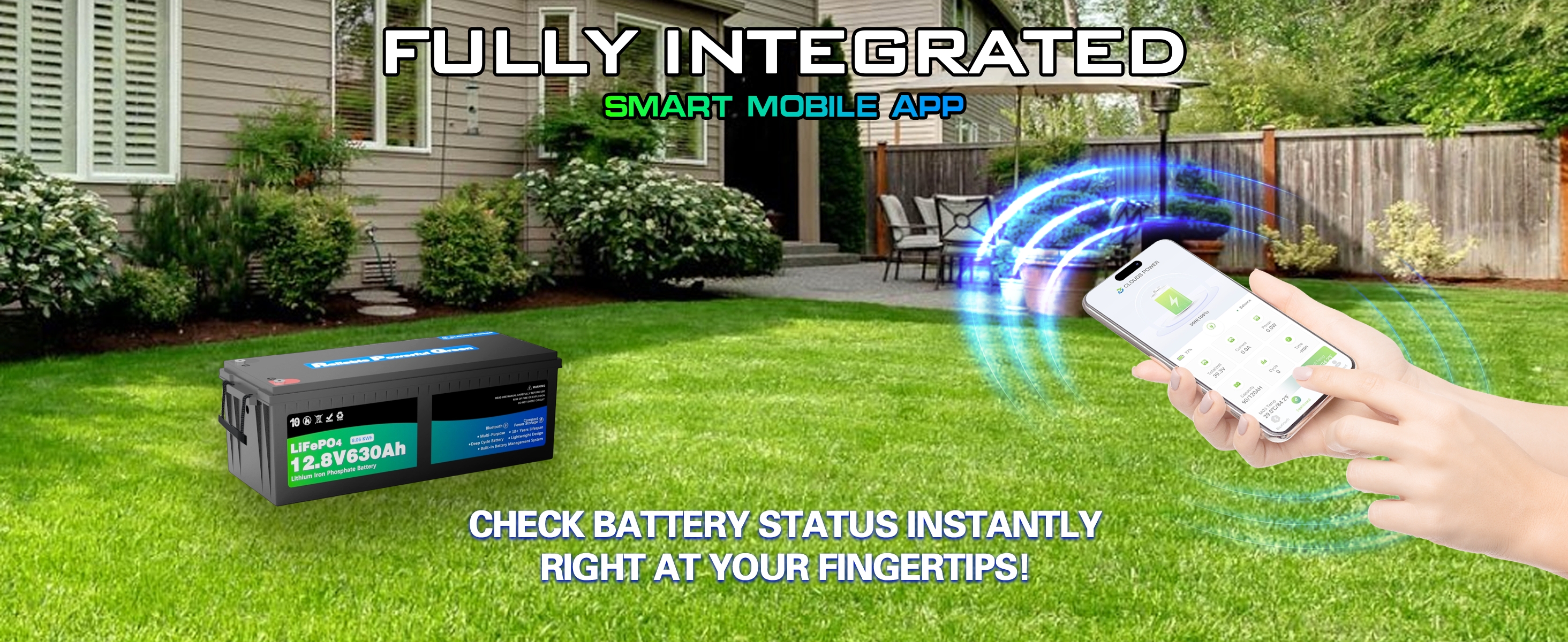 Smart lithium battery system with a hand holding a smartphone displaying an app, set against a backyard background.
