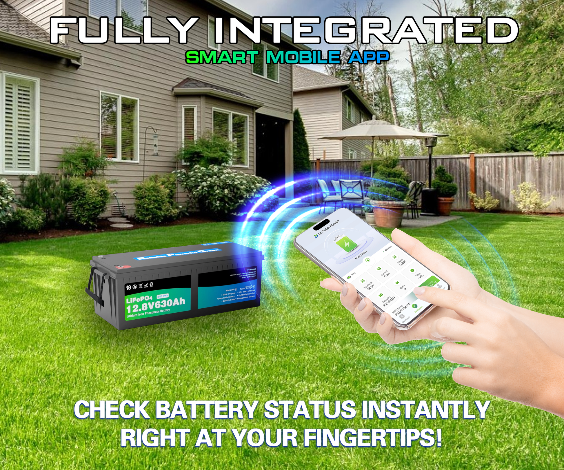 12v smart lithium battery system with smartphone app control in a backyard setting