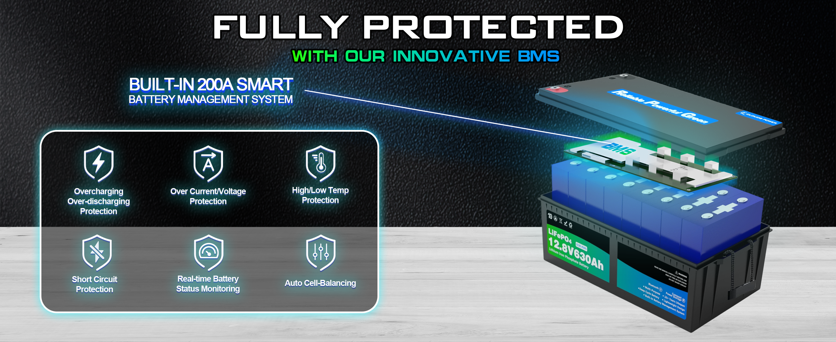 12v lifepo4 battery with BMS system on a dark background