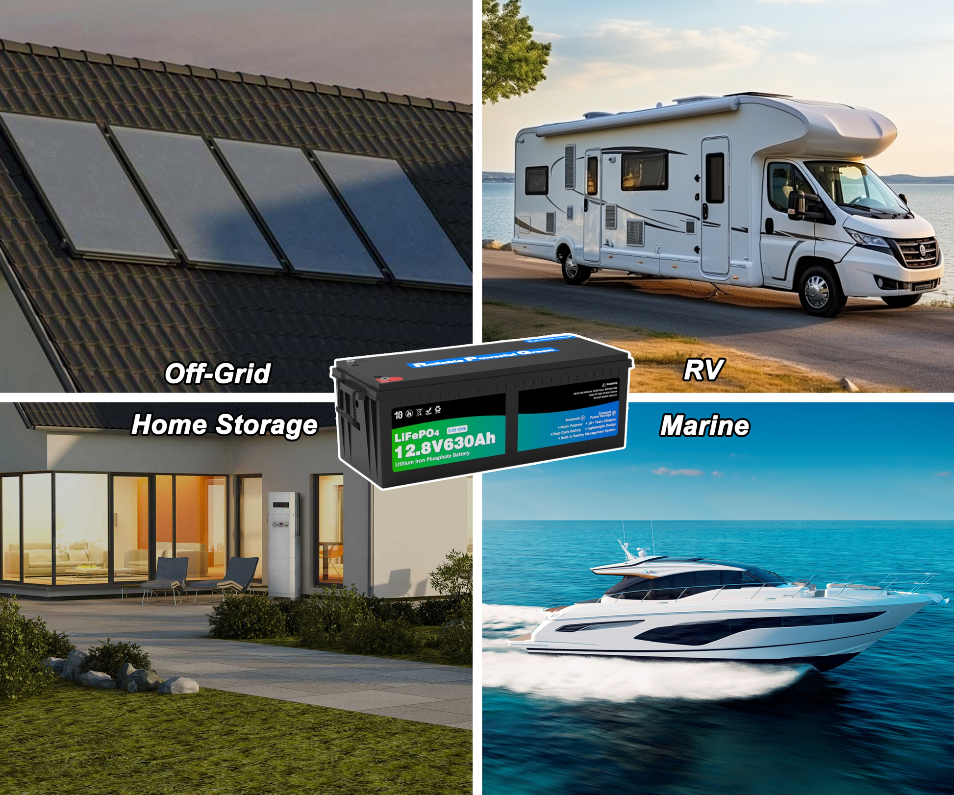 12v lithium battery with a collage of solar panels, RV, battery pack, and boat with text labels for off-grid home storage, RV, and marine use.