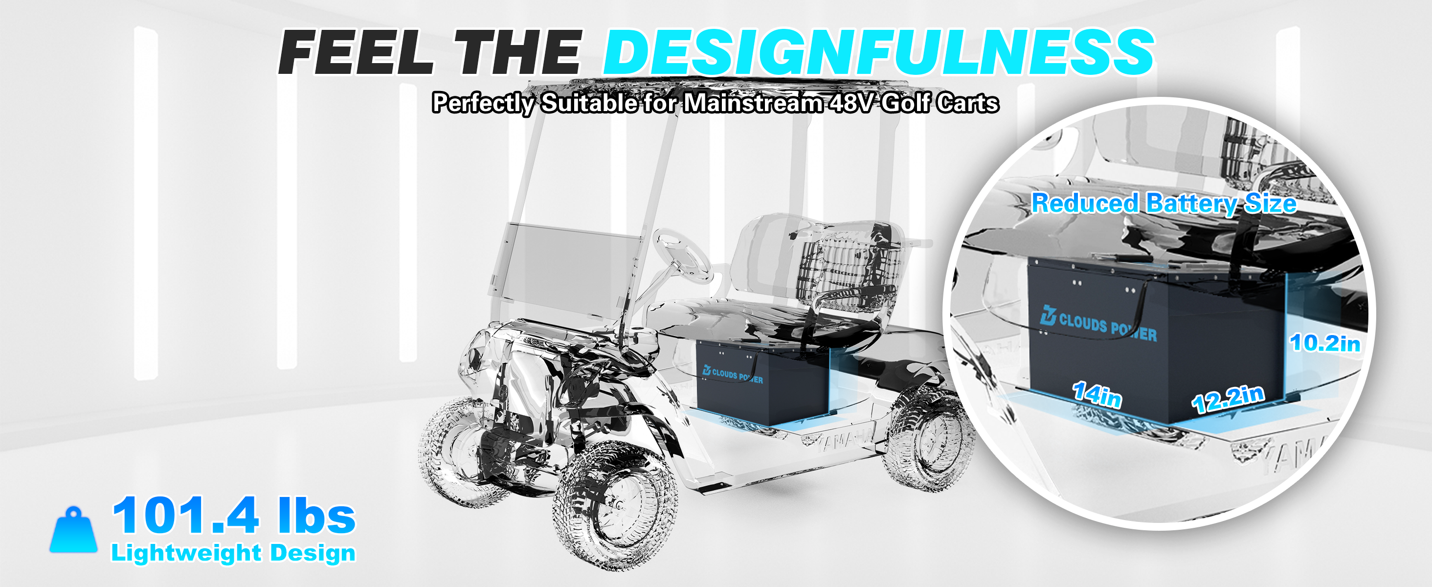 Electric golf cart with design features highlighted, including lithium battery size and weight.
