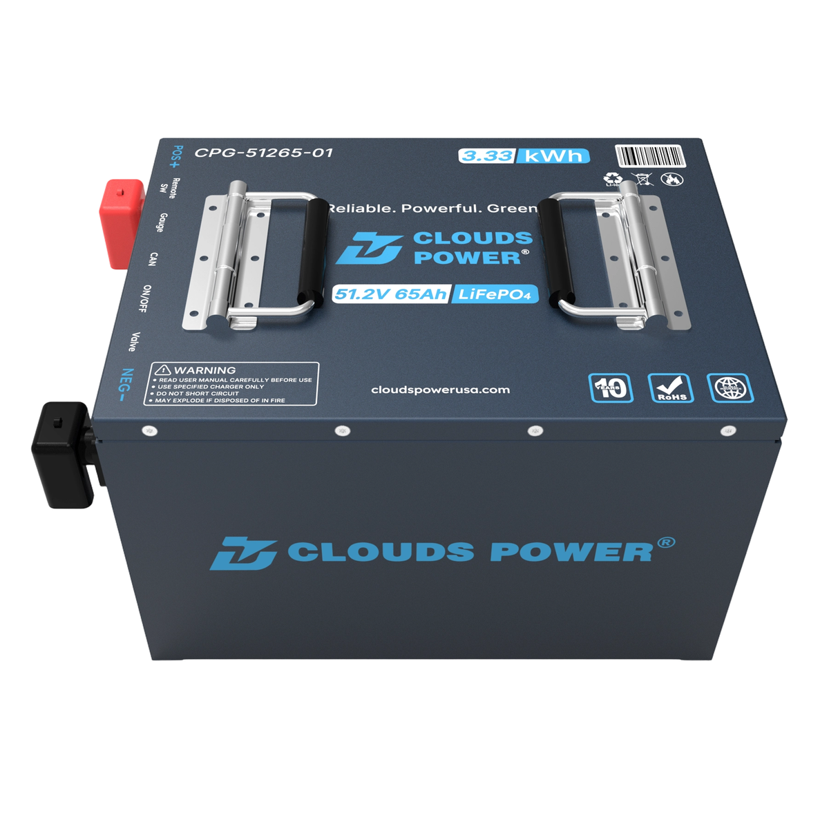 Clouds Power 48v 65ah lithium battery on a white background